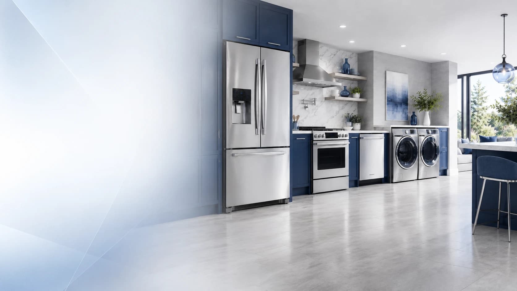 A modern kitchen with stainless refrigerator, range, dishwasher, washer and dryer in one lineup